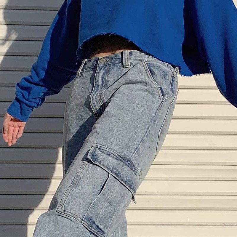 Weekeep Pockets ġ ũ  Ʈ û  Streetwear Straight Jean Femme Blue 100% Cotton Cargo Pants